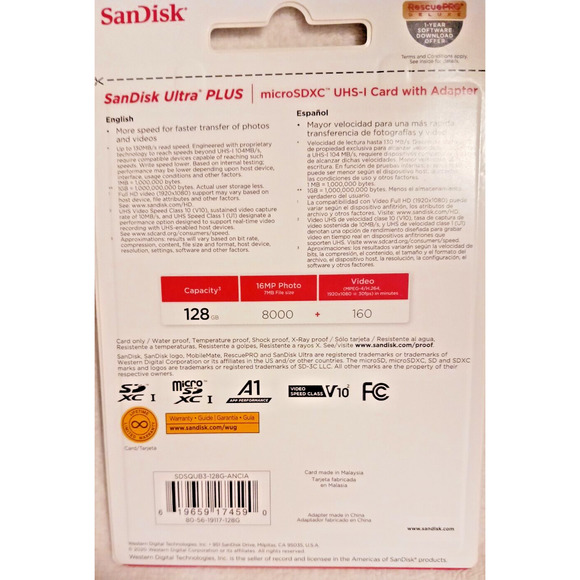 SanDisk 128GB ULTRA PLUS microSDXC UHS-1 Card w Adapter microSD memory card - Picture 8 of 9